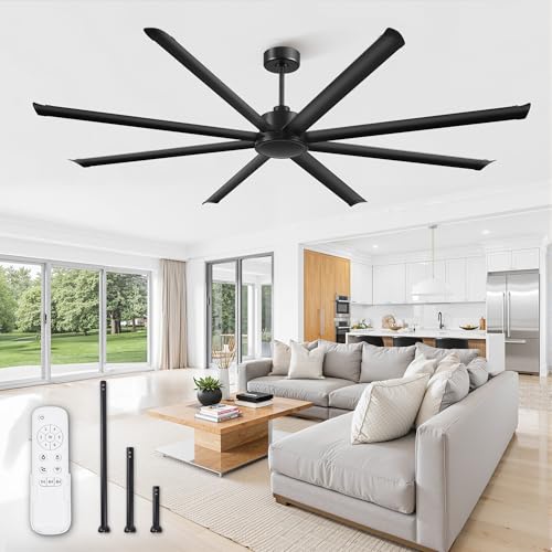 ZMISHIBO 96' Large Industrial Ceiling Fans No light with Aluminum 8 Blades, Commercial HVLS Ceiling Fan without Light,Quiet DC Motor,6 Speeds, Indoor Outdoor Ceiling Fan for Patio, Garage Shop,Black