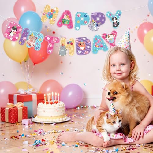 Image of Hooqict Happy Birthday Banner Cat Birthday Decorations Colorful Party Banner Garland Sign for Kids Girls Boys 1st 2nd 3rd Funny Cat Themed Birthday Party Decorations Supplies
