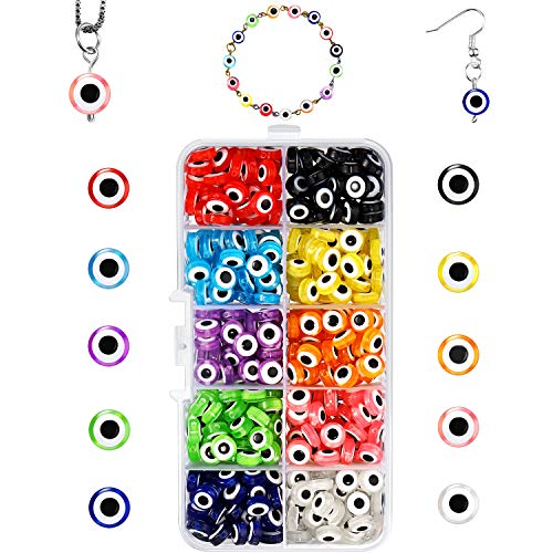 Cholung 450 Pieces Mixed Color 8 mm Handmade Evil Eye Lampwork Beads with Storage Box DIY Crafts Evil Eye Charms Flat Round Charms Spacer Beads for Bracelets Necklace Jewelry Making