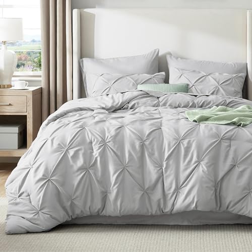 Image of Bedsure Queen Comforter Set Light Grey - Bed in a Bag Queen Size Bedding 7 Pieces, GentleSoft Pintuck Bed Set Gift for Family, All Season Down Alternative Comforter with Sheets, Pillowcases & Shams
