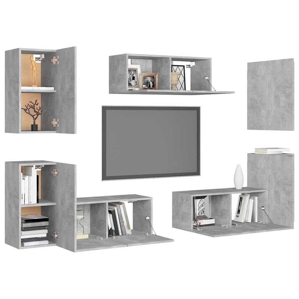 Lot de 7 meubles TV gris béton montage mural en bois