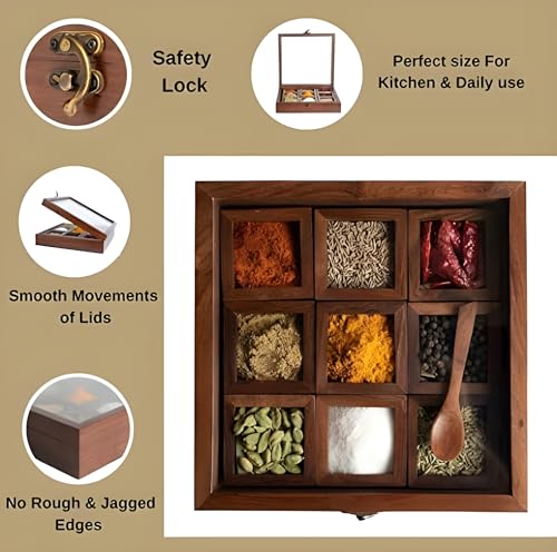 Image of WoodCity Wooden Glass Spice Box With Antique Lock Table In 9 Section Wooden Spice Rack Organizer and Masala Dabba Wooden Style Spice Storage Box