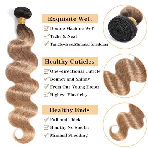 Image of 16A Ombre Body Wave Bundles Human Hair (T1B /27,26 inch 28 inch 30 inch) Brazilian Ombre Brown Human Hair 3 Bundles Deals 100% Unprocessed Virgin Brazilian Body Wave Hair Weave Bundles