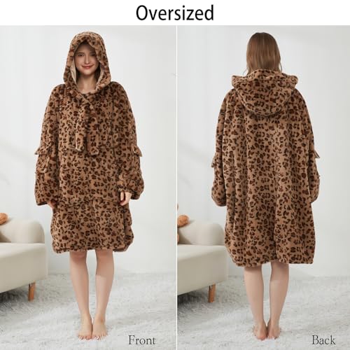 Image of Softan Blanket Hoodie, Oversized Wearable Blanket for Adult Women and Men Gifts, Super Cozy Warm and Soft Hooded Blanket Sweatshirt, Brown Cheetah Print Faux Fur Blanket Sweatshirt with Large Pocket