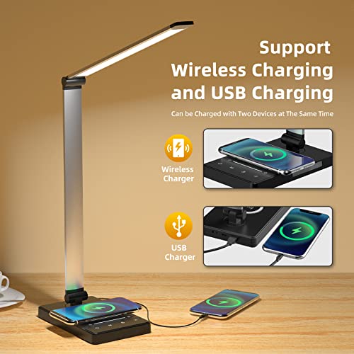 LED Desk Lamp with Wireless Charger & USB Charging Port, Desk Light for Home Office, 3 Color Temperatures & 5 Dimmable Brightness Levels, Touch Control, Eye-Caring Table Lamp for Study with Adapter - Image 4
