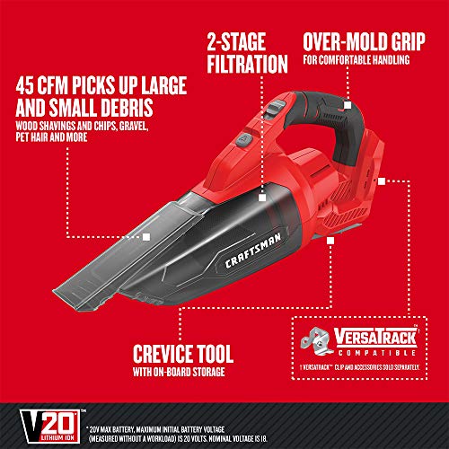 CRAFTSMAN V20 Cordless Hand Vacuum, 45 CFM, 2 Stage Filtration System with Filter, Bare Tool Only (CMCVH001B) by CRAFTSMAN - Image 2