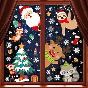 VEYLIN Lot de 8 feuilles d'autocollants double face pour décoration de fenêtre de Noël - Père Noël, renne, flocons de neige 51k4jwzytWL. SS300