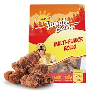 Jungle Calling Multi Flavor Rolls Dog Treats, Made with Real Chicken Duck Beef Meat, Peanut Butter Flavor Rawhide-Free Dog Snacks, Health Skin and High Protein Dog Treat, 10.6 oz