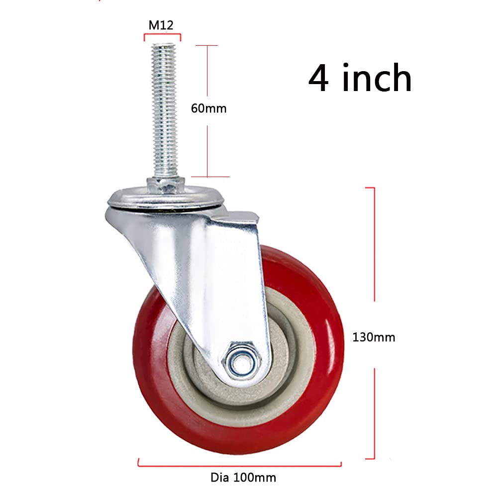 Schwerlastrollen 4 Zoll, M12x60mm Gewinde Verschleißfest 100mm Pu Universal- Drehen Lenkrollen Mit Bremse 540KG Doppellager Industriell Transportrollen Zum Gerüst Werkbank