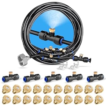 Misting Cooling System, 26FT 8M Hose + 7 Brass Mist Nozzles + Brass Adapter3/4" + HOMENOTE 20 Pack Mist Nozzles and 5 Pack Tee-connectorNozzle Tees