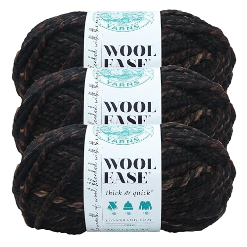 Image of Lion Brand Yarn, Wool-Ease Thick & Quick Yarn, Toasted Almond Black, 3 Pack | Super Bulky Wool Acrylic Blend Fiber for Soft Hats, Sweaters, Chunky Blankets, Yarn for Crochet, Knitting, Crafts, Weaving