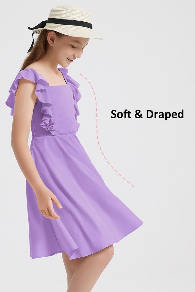 Mebius Girls Bow Back Square Neck Ruffle Sleeve Preppy Dress Tween Cute School Dance A Line Dresses 8-14Y4