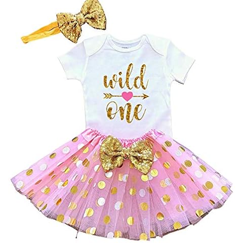 Funmunchkins Wild One 1st Birthday Girl Outfit, Pink and Gold First Birthday Tutu Dress (18M) Cover