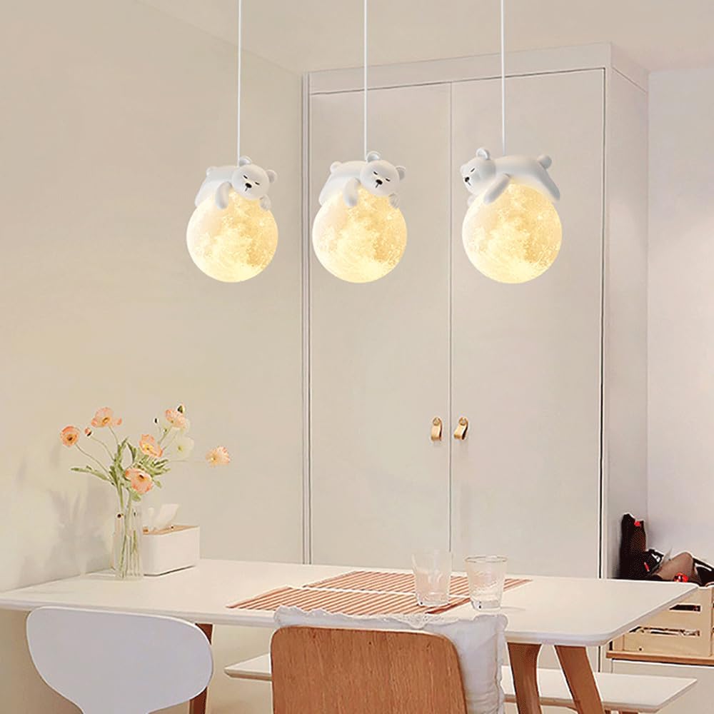 Suspension Petit Ours Blanc, Lustre De Chambre D'Enfant De Dessin Animé, Lampe Suspendue En Résine Blanche Avec Abat-Jour Acrylique Sphérique, Luminaires G9, Lampes À Suspension Simples Modern