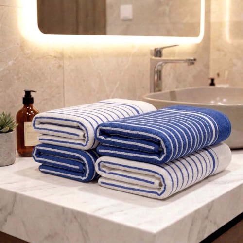 Image of Athom Living Premium Hand Towels- Cotton, 400 GSM, Ultra Soft, Quick Dry, Highly Absorbent | for Hand, Kitchen and Gym | 60 * 40 cm, Pack of 4 (Blue and White)