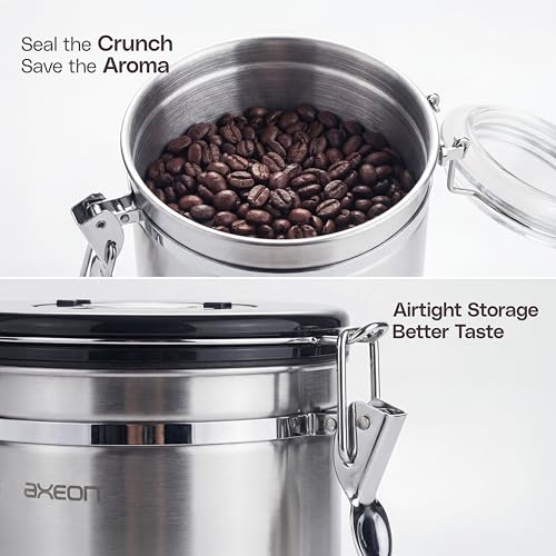 Image of AXEON Airtight Stainless Steel Coffee Canister with Scoop Spoon - 1800 ml | Coffee Bean Storage Container for Loose Leaf Tea, Coffee Beans | Storage Container with Exhaust Valve & Date Tracker