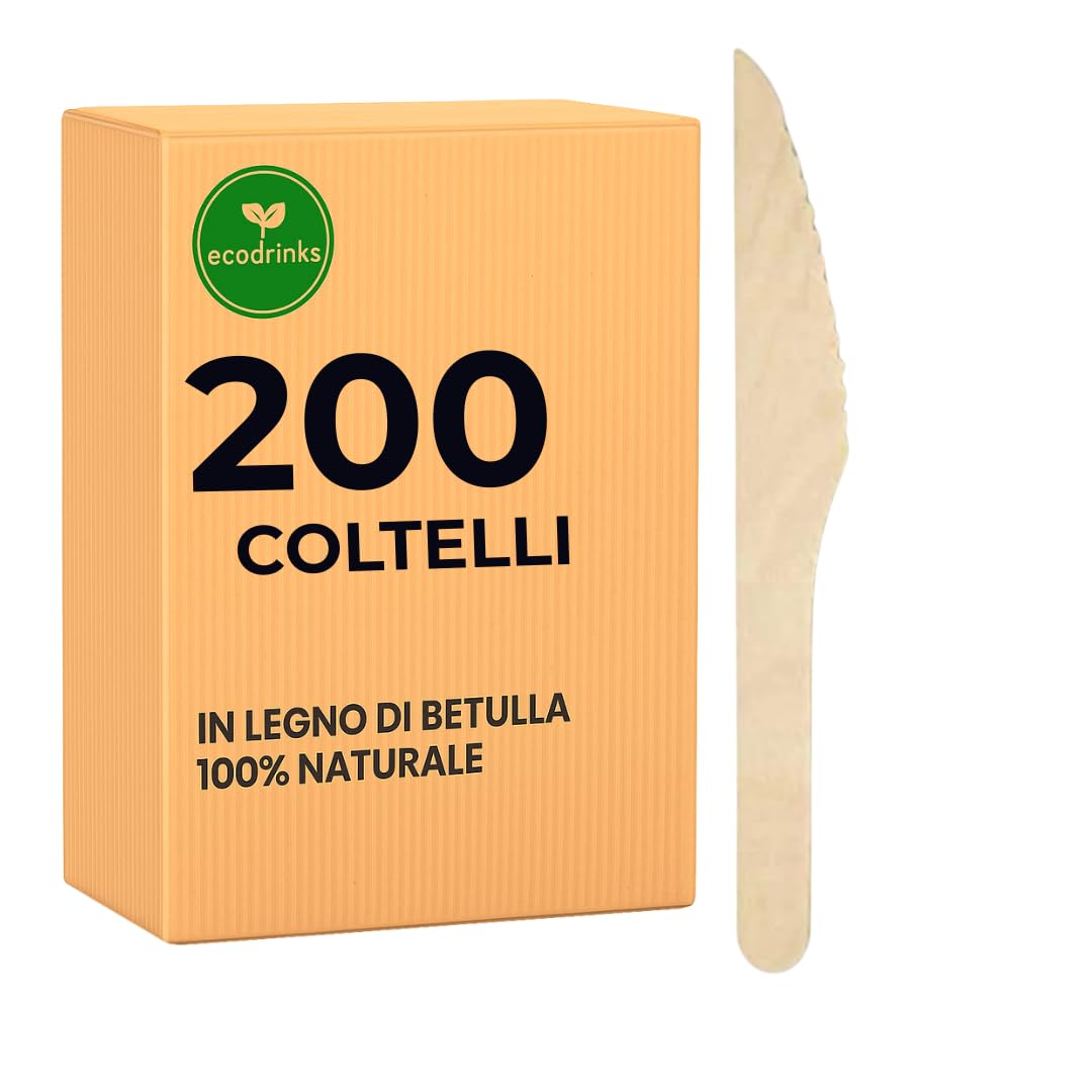 200 Coltelli in Legno di Betulla - Biodegradabili e Compostabili - Design Rustico e Resistente - Per Feste, Eventi, Catering, Ristorazione, Uso Domestico - 16,5cm