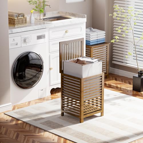 SMIBUY Double Laundry Hamper with Lid, 120L Bamboo Laundry Basket with Removable Liner Bag, 2-Section Clothes Divider Laundry Sorter for Laundry Room, Bathroom, Bedroom (Walnut) - Image 3