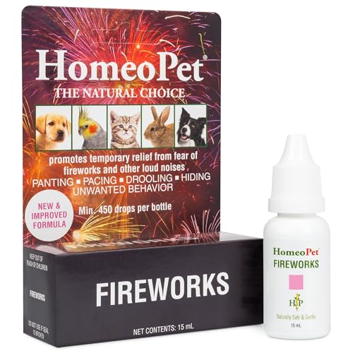 HomeoPet Fireworks, Safe and Natural Loud-Noise-Anxiety Calming Supplement for Cats, Dogs, and Other Small Animals, 15 Milliliters