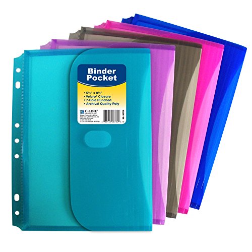 C-Line Super Heavyweight Mini Poly Binder Pocket with Hook & Loop Closure, 1/2-Inch Gusset, Pack of 36 Pockets, Assorted Colors (08730-36)