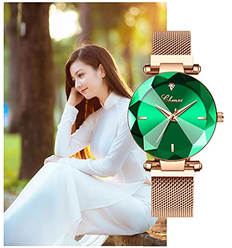 Senrud Women's Watches Fashion Shine Crystal Cutting Mirror Wrist Watch Rose Gold Stainless Steel Mesh Band Waterproof Analog Quartz Watches (A Green) #TOP5