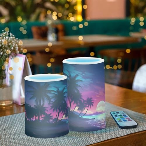Image of Flickering Flameless Candles, Palm Tree Beach Tropical LED Candles with Remote Timer, Set of 2 Battery Operated Candle for Valentine Wedding Birthday