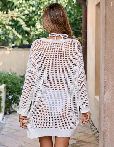 Womens Oversized Lightweight Beach Cover Up Cute Crochet Hollow Out Crewneck Pocket Sweater Top Fall 20243
