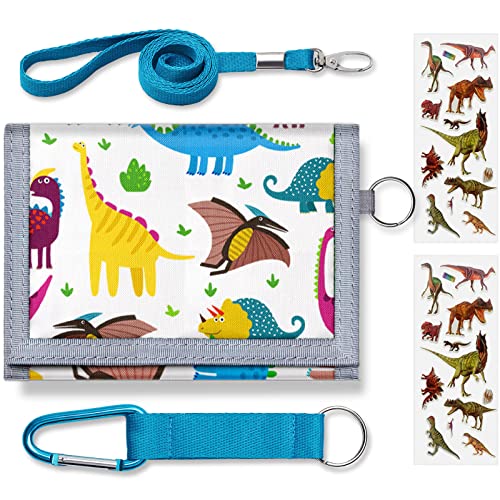 TATAANTY Unisex-Kids Dinosaur Wallet, Canvas, Trifold, 8 Card Holders, Zippered Coin Pocket, for Ages 4-7