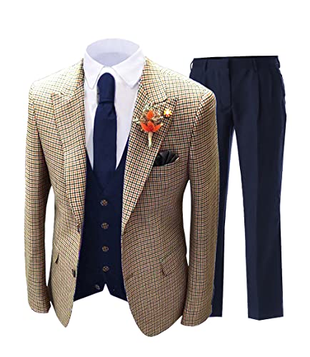 Mens Wedding Suit Prom Tuxedos Wool Blend Plaid 3 Piece Slim fit Vintage Checked Suit