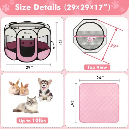 Image of Dog Cat Playpen Indoor Outdoor for Puppy Pet Dogs Cat Recovery After Surgery, Dog Tent Crates Cage Indoor /Outdoor, Portable Pop Up Kennel with Carrying Case for Travel (Pink with Pad, Small)