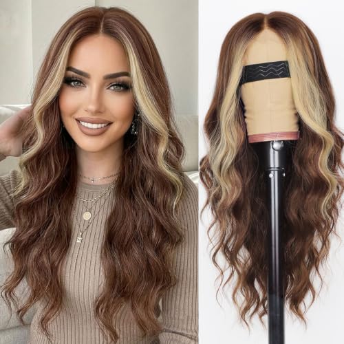Image of AISI HAIR Brown Mixed Blonde Wig for Women, Wavy Synthetic Lace Wig 26Inch