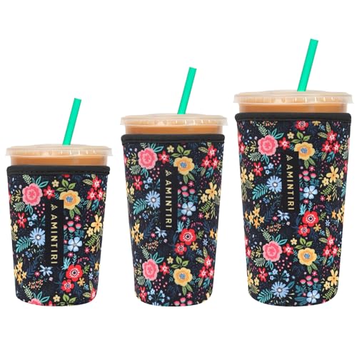 Image of 3 Pack Reusable Sleeve for Iced Coffee Cup, Coffee Neoprene Sleeve for Iced&Hot Drinks, Coffee Sleeve Compatible with Starbucks, Dunkin Coffee Cup. (Garden In Black)
