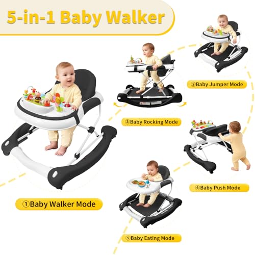 Image of 5 in 1 Baby Walker, Music and Lights Walker for Baby Boy Girls 6-12 Months, Foldable Baby Walkers with Wheels and Bouncer Combo Portable, Toddler Infant Walker with Adjustable Height