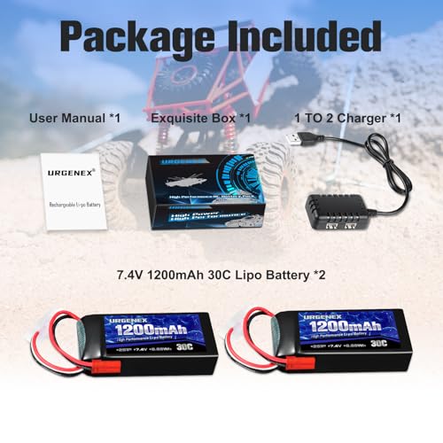 URGENEX 7.4V Lipo Battery with JST Plug 2S 30C(Burst 60C) 1200mAh Rechargeable Lithium Battery Compatible with UDIRC Cheewing and Most 1/10, 1/16, 1/18, 1/24 Scale RC Cars Trucks Helicopter Drone