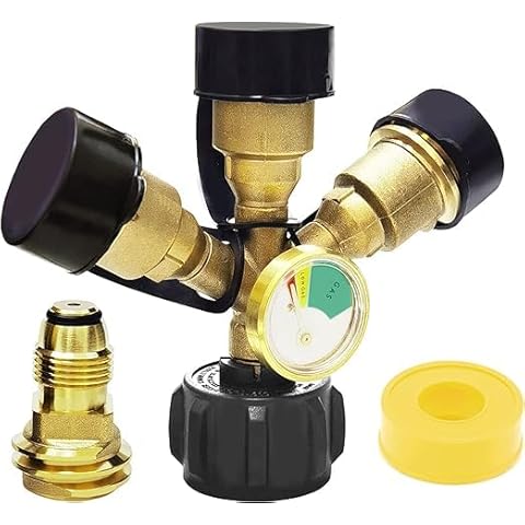 3 Way Propane Tank Splitter QCC/POL with Regulator Gauge and Shut-Off Valve, 3Y Adapter Propane LP Tank Fuel Tee Gauge Adapter Gas Line Splitter Hose Connector for Propane Tank，RV BBQ Grills Camping Cover