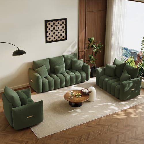 Image of OUYESSIR 3 Pieces Boucle Sofa for Living Room, Modern Deep Seat Sofa Chair & Loveseat & 3-Seater Couch, Oversized Cloud Sofa Couch Set, Comfy Upholstered Teddy Living Room Furniture, Green