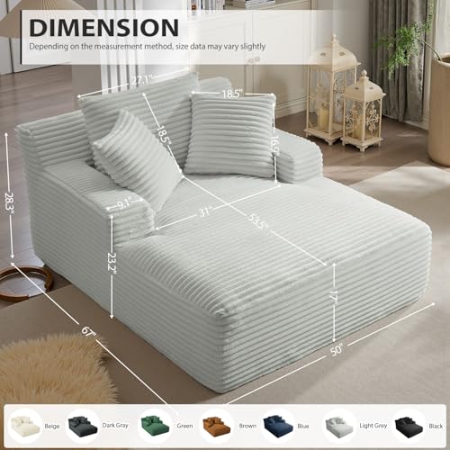 Image of 67 Inch Chaise Lounge Chair Indoor, Oversized Corduroy Upholstered Boneless Sofa Bed, Deep Seat Sleeper Couch Reading Chairs, Cloud Sofas Couches for Living Room, No Assembly Required (Light Grey)