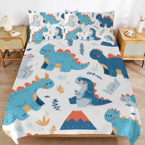SHANBOYU Juego de ropa de cama infantil con diseño de dinosaurios en 3D, diseño de dibujos animados, para niños y niñas, blanco, juego de ropa de cama con funda de edredón multicolor con cremallera y
