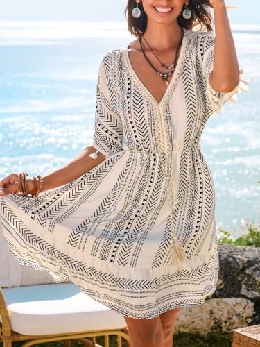 Image of CUPSHE Women Tassel Trim Summer Dress V Neck Lace Short Sleeve Paisley Boho Casual Sundress Holiday Beach Mini Dress