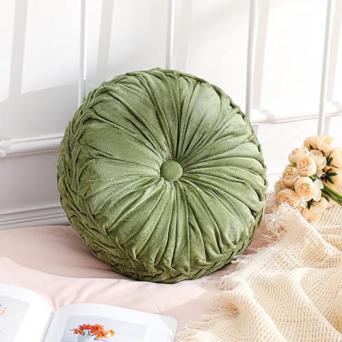 Drydiet 1 Pcs Round Throw Pillows Decorative Velvet Pleated Throw Pillows 15'' Diameter Accent Pumpkin Boho Chair Cushion for Couch Sofa Chair Bed Home Decoration (Green)