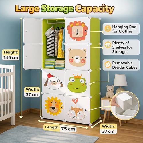 Image of AYSIS Kids Plastic Collapsible Wardrobe Organizer for Storage | Cute Cartoon Design | Heavy Duty Cloth Organizer for Storage | Easy to Assemble | Perfect for Kids Room & Home | Green
