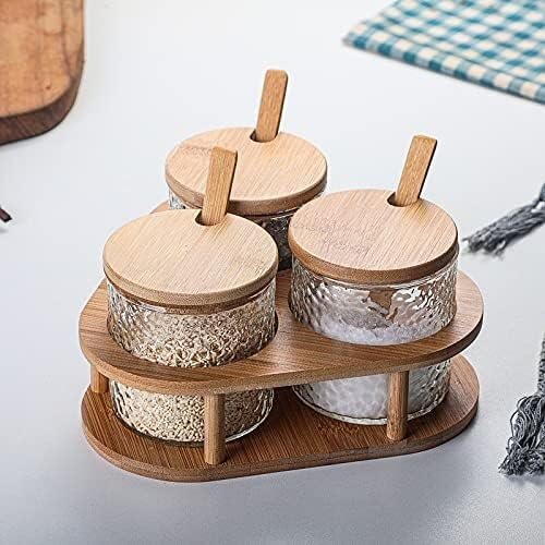 Pots d'assaisonnement, boîte à épices, coffret d'assaisonnement en verre, maison, cuisine, salière, stockage de bouteilles, pots à condiments, gadget, poivre, couvercle en bois, cuillère, pots à épice