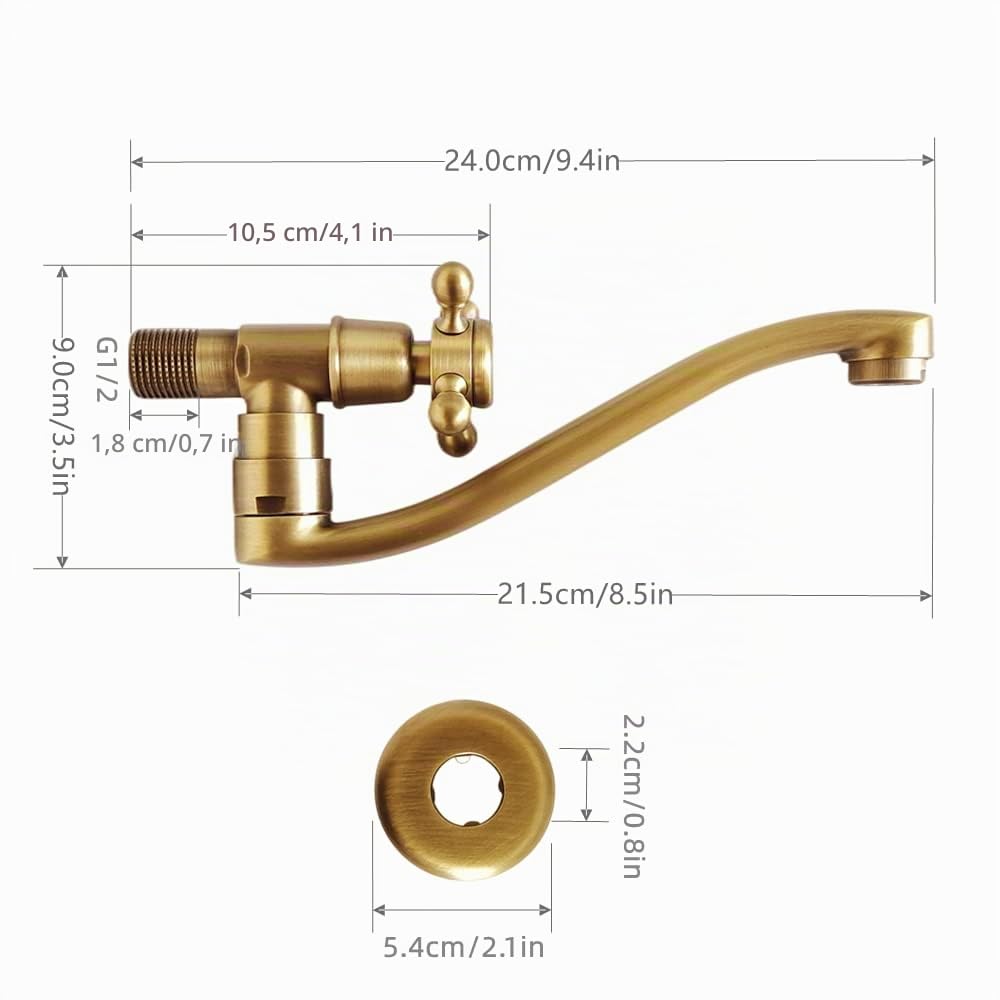 Robinet Mural Eau Froide Laiton Antique Pivotant à 180° Bec Plat | Rétro Robinet Monocommande Murale de Lavabo, Cartouche Céramique, 21cm, G1/2, pour Jardin,Extérieur, Terrasse, Salle de Bain