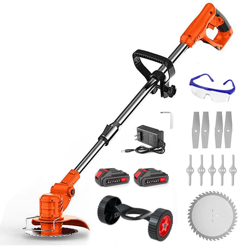 Decespugliatore a Batteria Senza Fili 21V – Motore Brushless, Tagliabordi con 3 Tipi di Lame, Manico Telescopico Regolabile – Include 2 Batterie e Caricatore (Arancione)