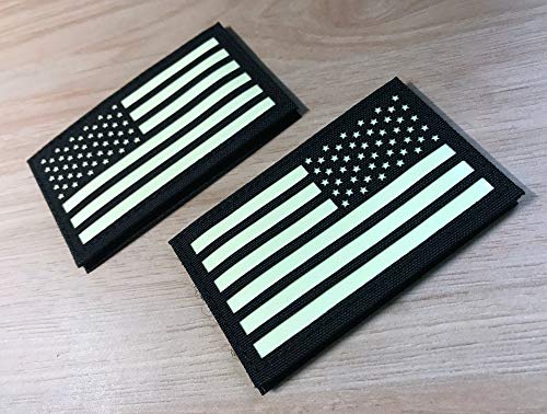 2x3.5 Black White Glow in Dark US USA American Flag Tactical Patches Forward and Reversed (1 Left + 1 Right)