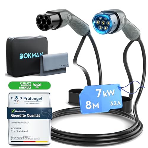 Câble type 2 véhicule électrique monophasé 32A 7.2kW bokman 8 mètres pour borne de recharge