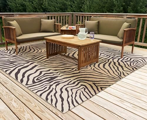 Liora Manne CARMEL Indoor/Outdoor Power Loomed Synthetic Blend Low Profile Area Rug - Transitional Graphic Casual Nature Animal Print (Zebra Sand) (7'10" Square)
