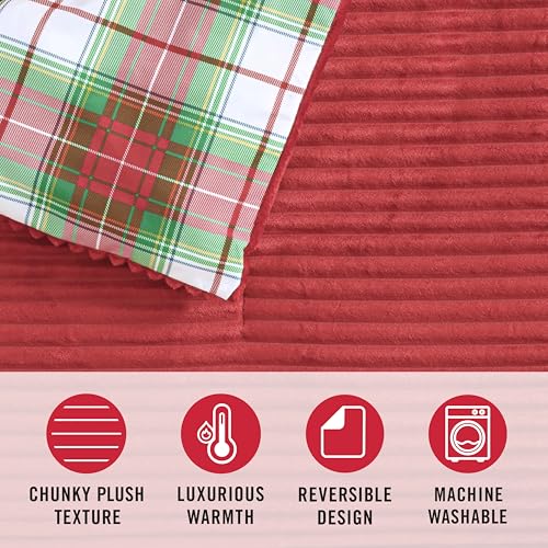 Image of Martha Stewart - King Comforter Set in Red, Reversible, Cute, Wide Corduroy Plaid Bedding Set - 3 Pieces - All Seasons, Lightweight, Fluffy with 1 Comforter, 2 Pillow Shams,