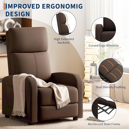 Image of GarveeHome Linen Fabric Manual Recliner Chair, with Side Pocket, High Backrest, Thick Cushion, Adjustable Push Back Recliner, Lazy Lounge Chair for Living Room, Home Theater, Bedroom, Brown