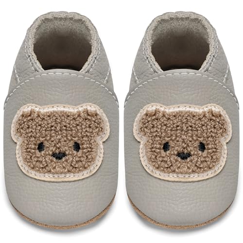 IceUnicorn Krabbelschuhe Baby Lauflernschuhe Jungen Weiche Leder Babyschuhe Kleinkind Lederschuhe mädchen Babyhausschuhe(G-Bär,6-12)